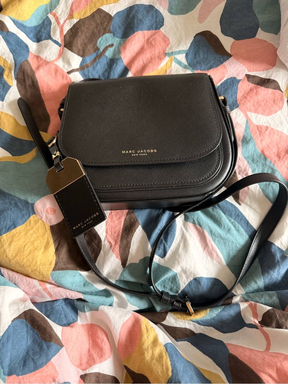 Marc Jacobs Black Leather Flap Crossbody with Gold Hardware
